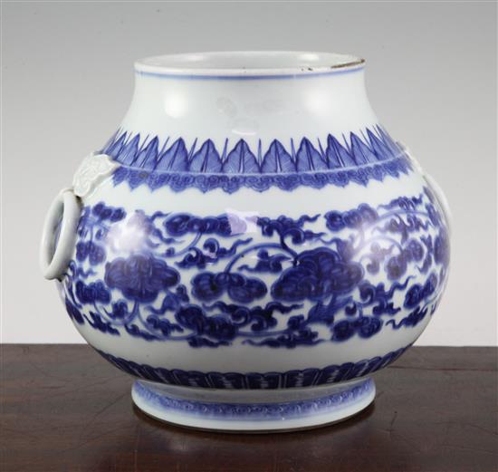 A rare Chinese blue and white two handled baluster vase, Zun, Qianlong period, height 19.5cm, glaze losses around a third of the rim